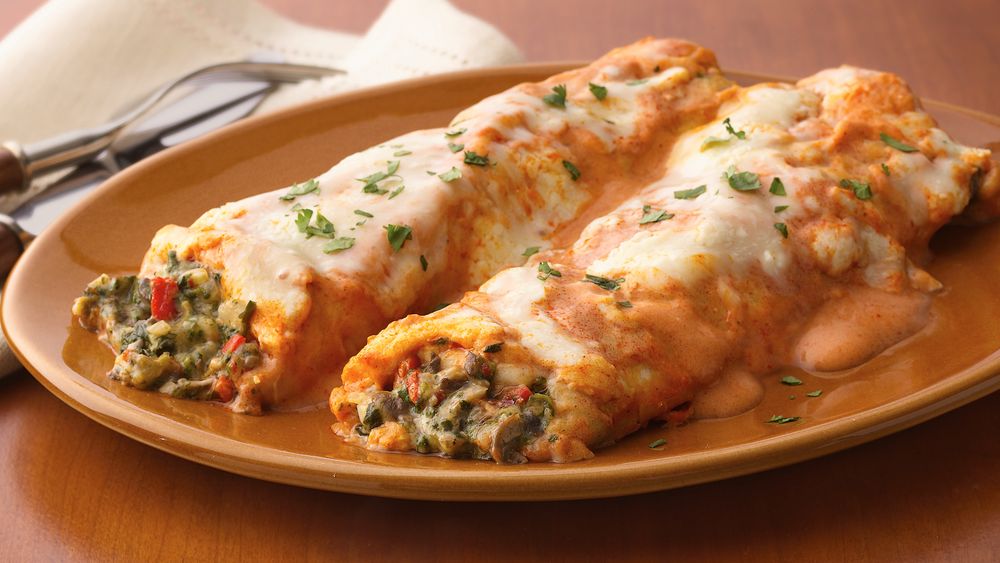 Spinach and Mushroom Enchiladas with Creamy Red Sauce recipe from