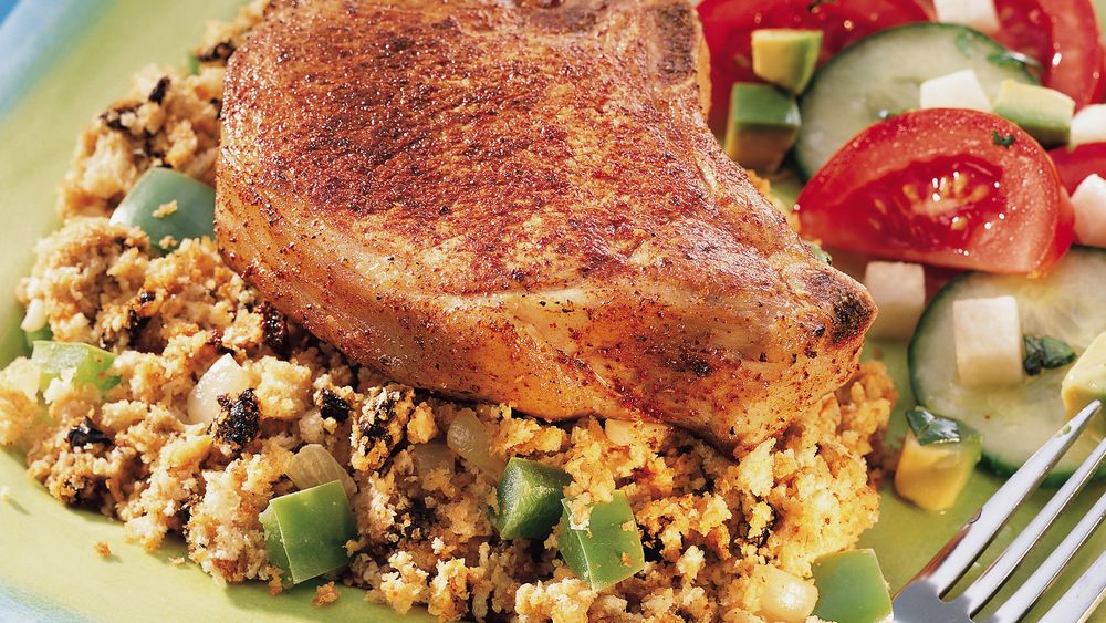 Pork Chops with Ancho Chile Cornbread Stuffing recipe from