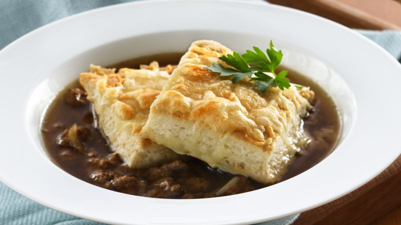 Beef and Onion Soup with Cheesy Biscuit Croutons