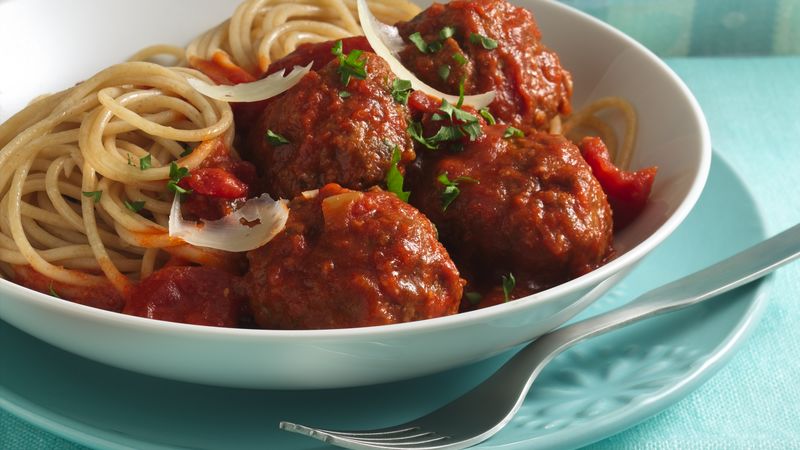 Spicy Parmesan Meatballs with Angel Hair Pasta recipe from Betty Crocker