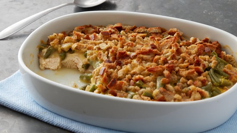 green bean casserole with ritz cracker topping