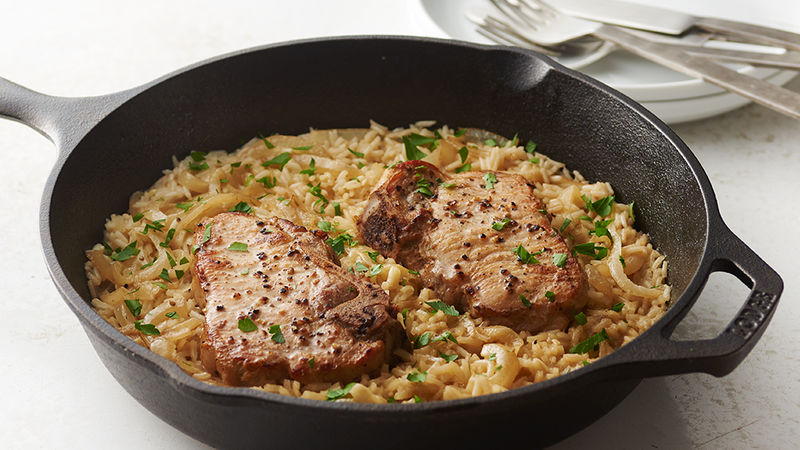 Skillet Pork Chops and Rice for Two Recipe - Tablespoon.com