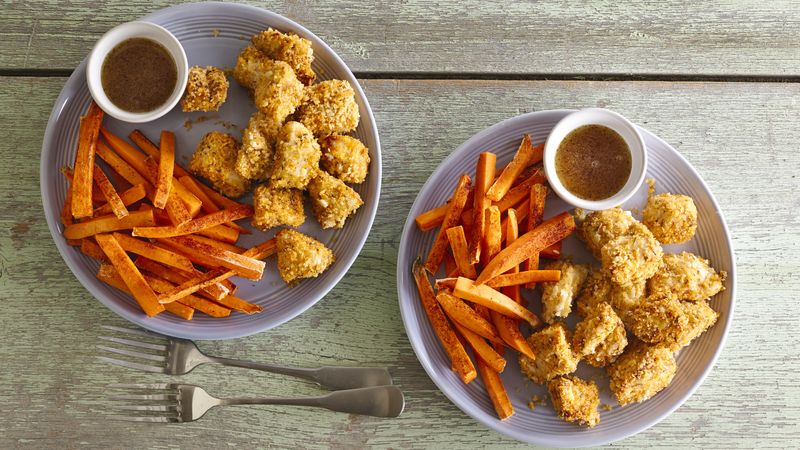 Skinny Popcorn Chicken With Sweet Potato Fries Recipe Bettycrocker Com