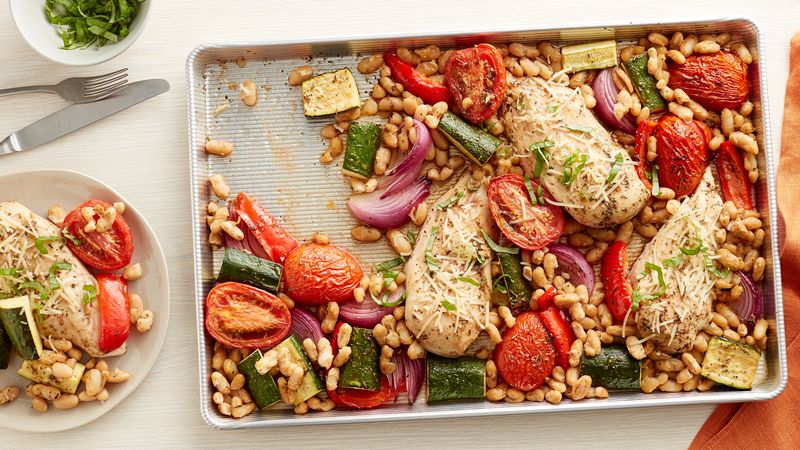 Tuscan Chicken Breasts And Vegetables Sheet Pan Dinner Recipe Bettycrocker Com