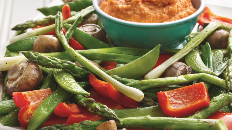 Roasted Vegetables with Roasted Pepper Hummus