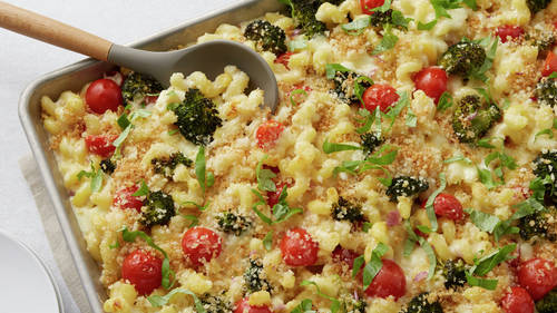 Sheet-Pan Cheesy Pasta with Roasted Broccoli