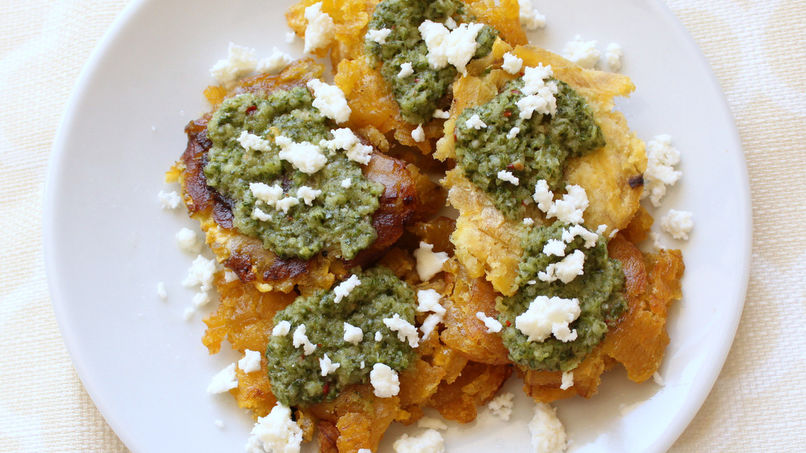 Tostones with Chimichurri and Queso Fresco