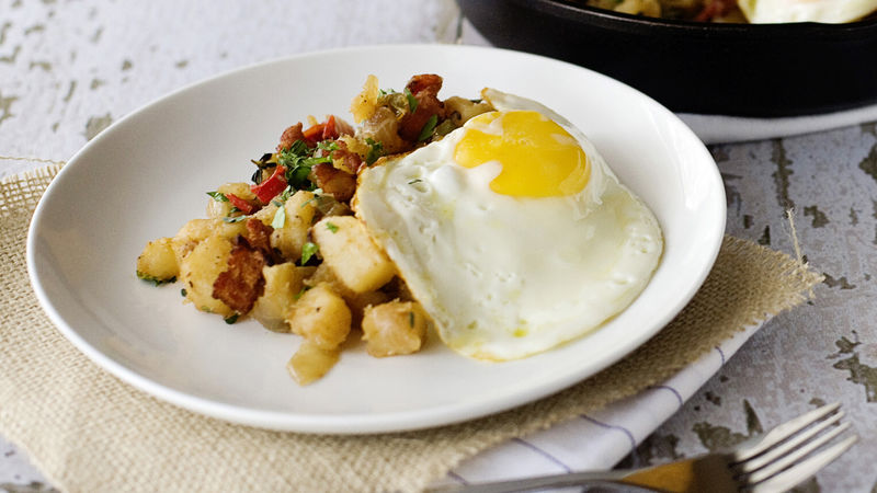 Potato and Bacon Hash with Fried Eggs 