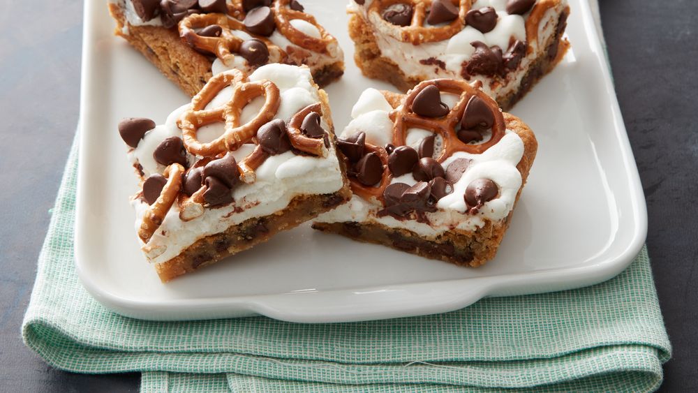 Pretzel S’mores Chocolate Chip Cookie Bars recipe from