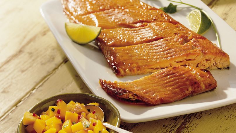 Planked Salmon with Peach-Mango Salsa