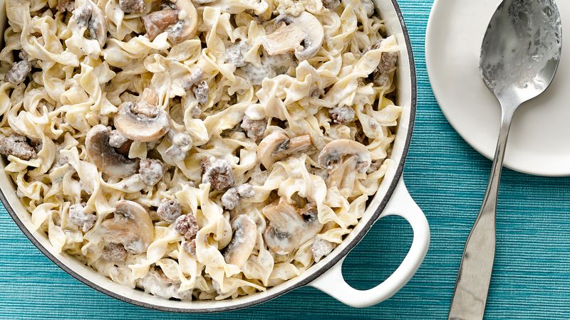 beef stroganoff in bowl with spoon