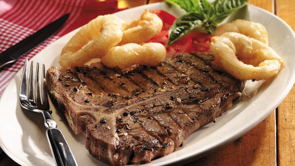 Grilled TBone Steaks with Onion Rings recipe from