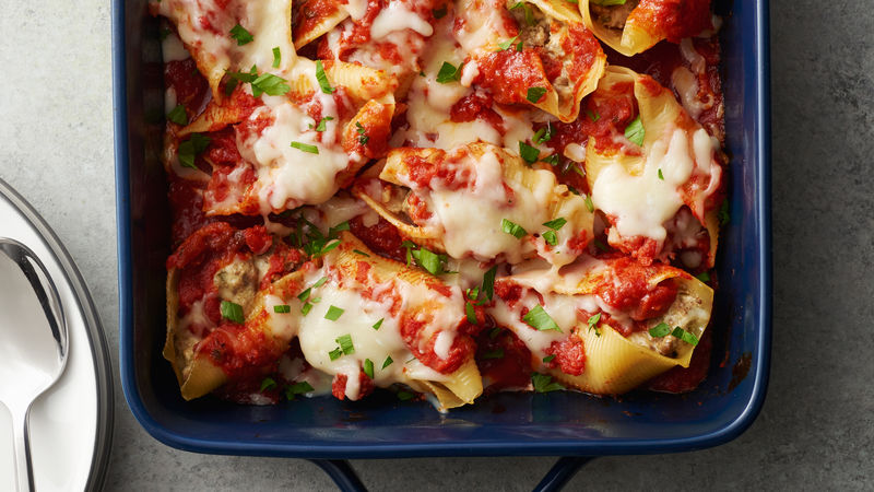 Three Cheese Beef Pasta Shells prepared recipe in a baking dish