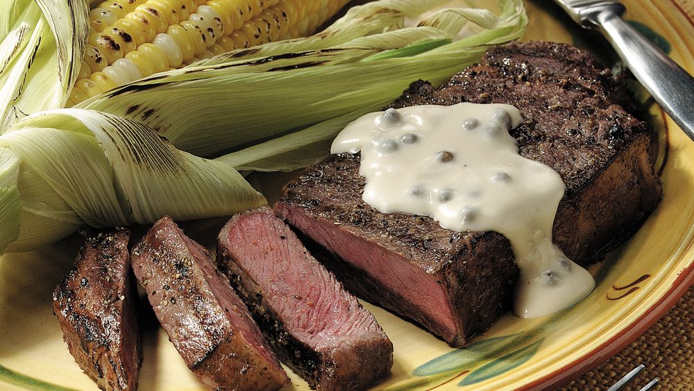 New York Strip Steaks with Peppercorn Sauce recipe from