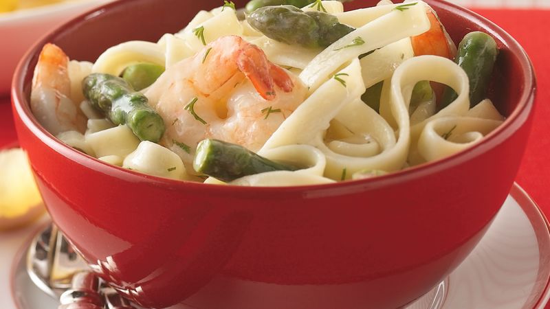 Asparagus, Shrimp and Dill over Fettuccine