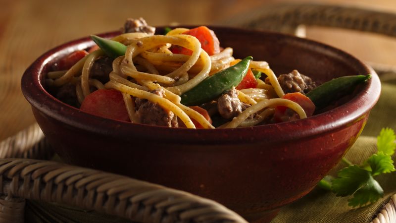 Thai Peanut Noodle And Beef Skillet Recipe Bettycrocker Com