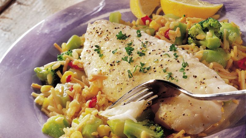 Lemony Fish over Vegetables and Rice Recipe - BettyCrocker.com