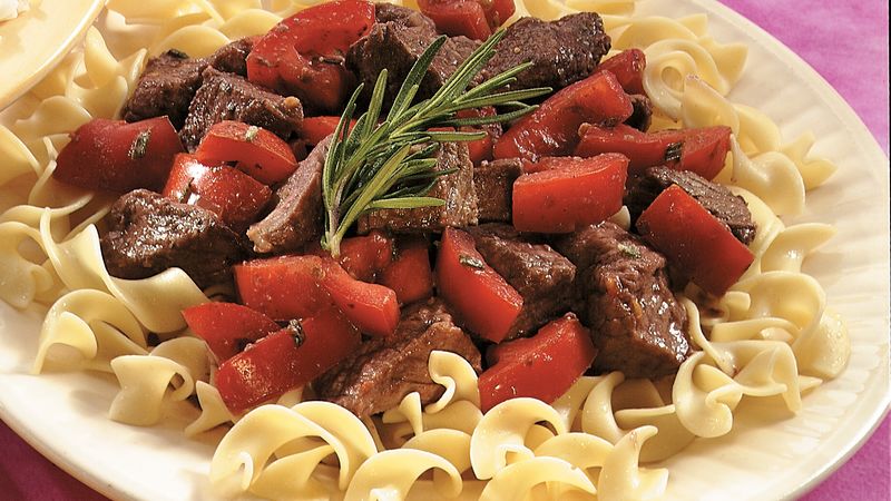 Slow-Cooked Rosemary Beef and Tomatoes over Noodles