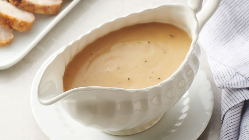 Foolproof Turkey Gravy prepared recipe in a gravy dish