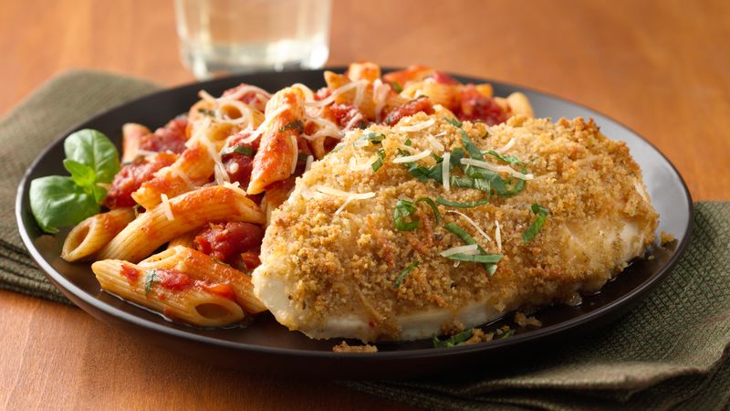 Oven Parmesan Chicken With Penne Marinara Recipe Bettycrocker Com