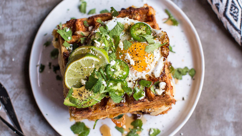 Cheese-Stuffed 3-Cheese and Chorizo Savory Waffles Recipe 