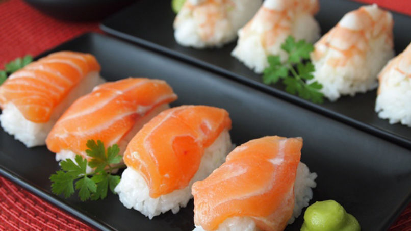 Nigiri Sushi with Prawns and Salmon