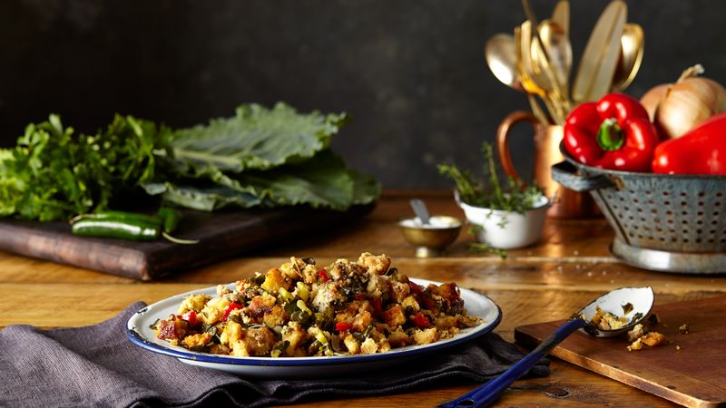 Cornbread Stuffing with Sausage and Collard Greens