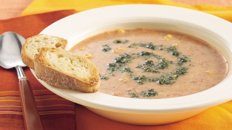 Roasted Tomato-Corn Chowder with Cilantro Pesto