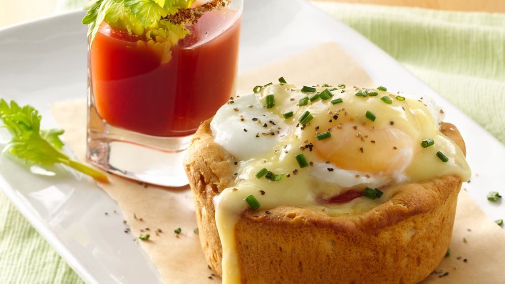 Eggs Benedict Biscuit Cups with Bloody Mary Shooters recipe from