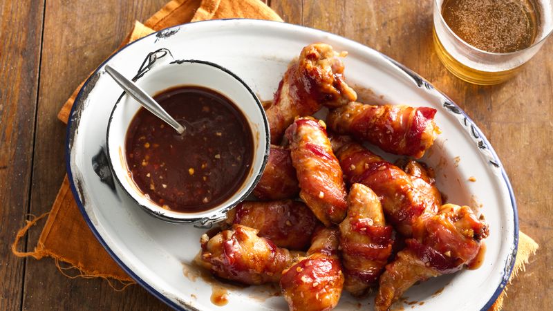 Bacon Wrapped Chicken Wings With Bourbon Barbecue Sauce Recipe Bettycrocker Com