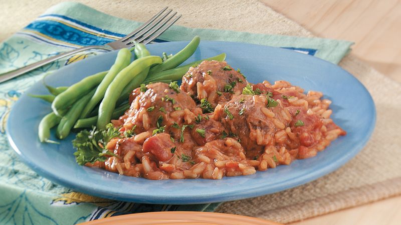Creamy Tomato, Meatballs and Rice Bake